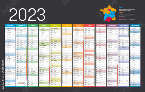 Year 2023 colorful wall calendar, in French language, on dark background. Vector template