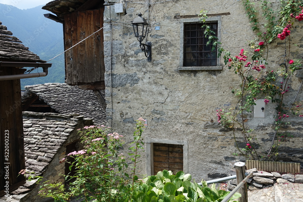 Ancient stone houses in the small Monte Ossolano hamlet, Piedmont, Italy