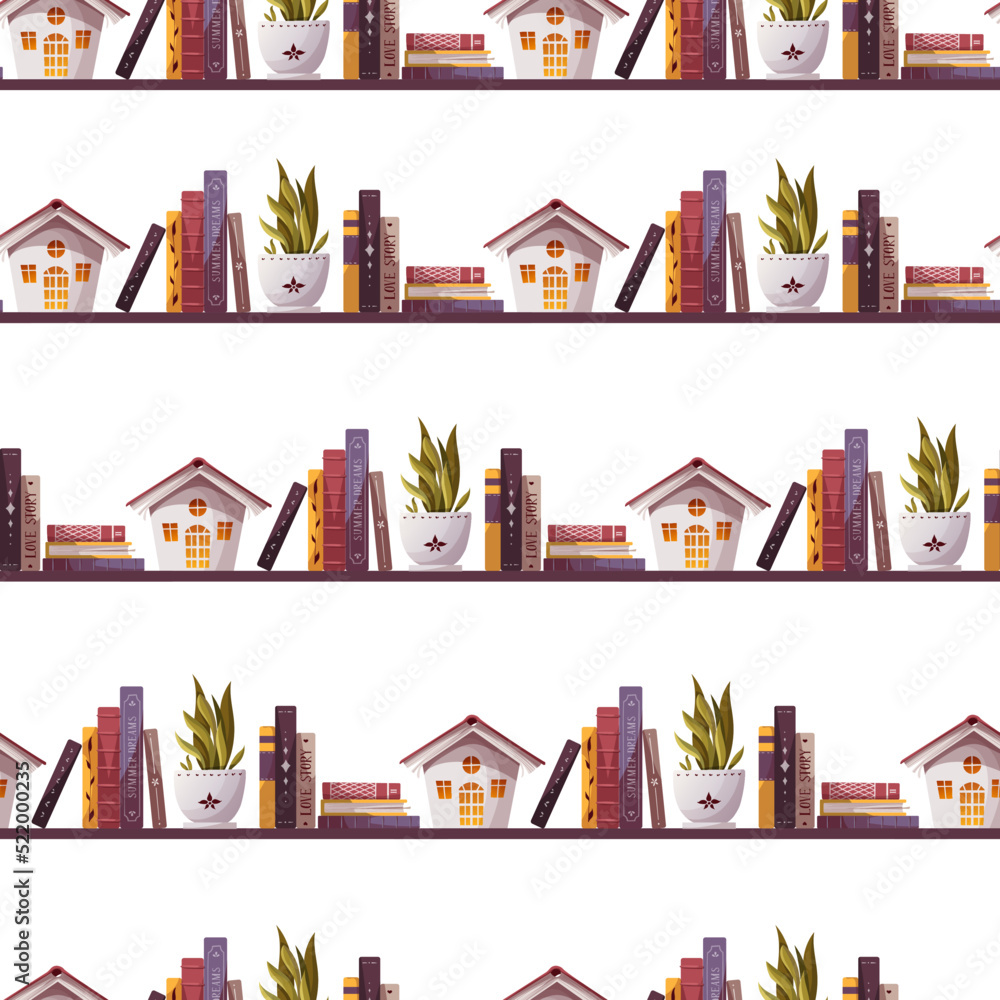 Seamless pattern with Bookshelves. Books, decorative house, potted plant. Bookstore, bookshop, book lover concept. Vector illustration.