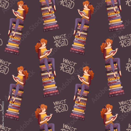 Seamless pattern with women reading books. Bookstore, bookshop, library, book lover, reading, education concept. Vector illustration