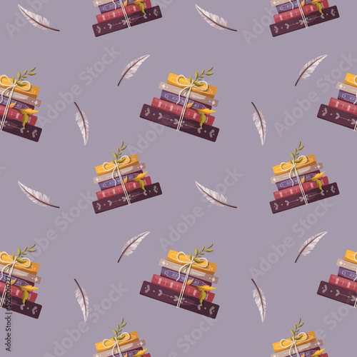 Seamless pattern with stacks of books. Bookstore, bookshop, library, book lover, bibliophile, education concept. Vector illustration.