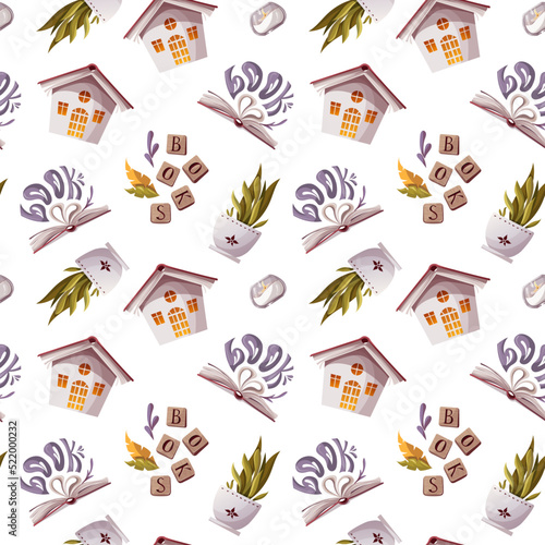 Seamless pattern with Books, decorative house, potted plant. Bookstore, bookshop, book lover concept. Vector illustration.