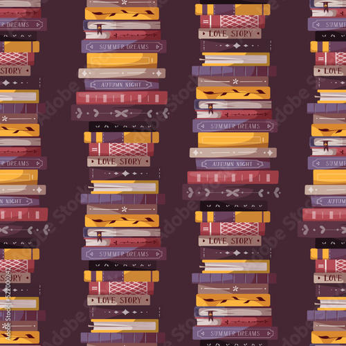 Seamless pattern with stacks of books. Bookstore, bookshop, library, book lover, bibliophile, education concept. Vector illustration.