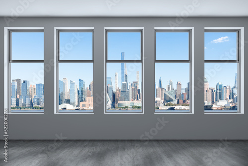 Midtown New York City Manhattan Skyline Buildings from High Rise Window. Beautiful Expensive Real Estate. Empty room Interior Skyscrapers View Cityscape. Day time. west side. 3d rendering.