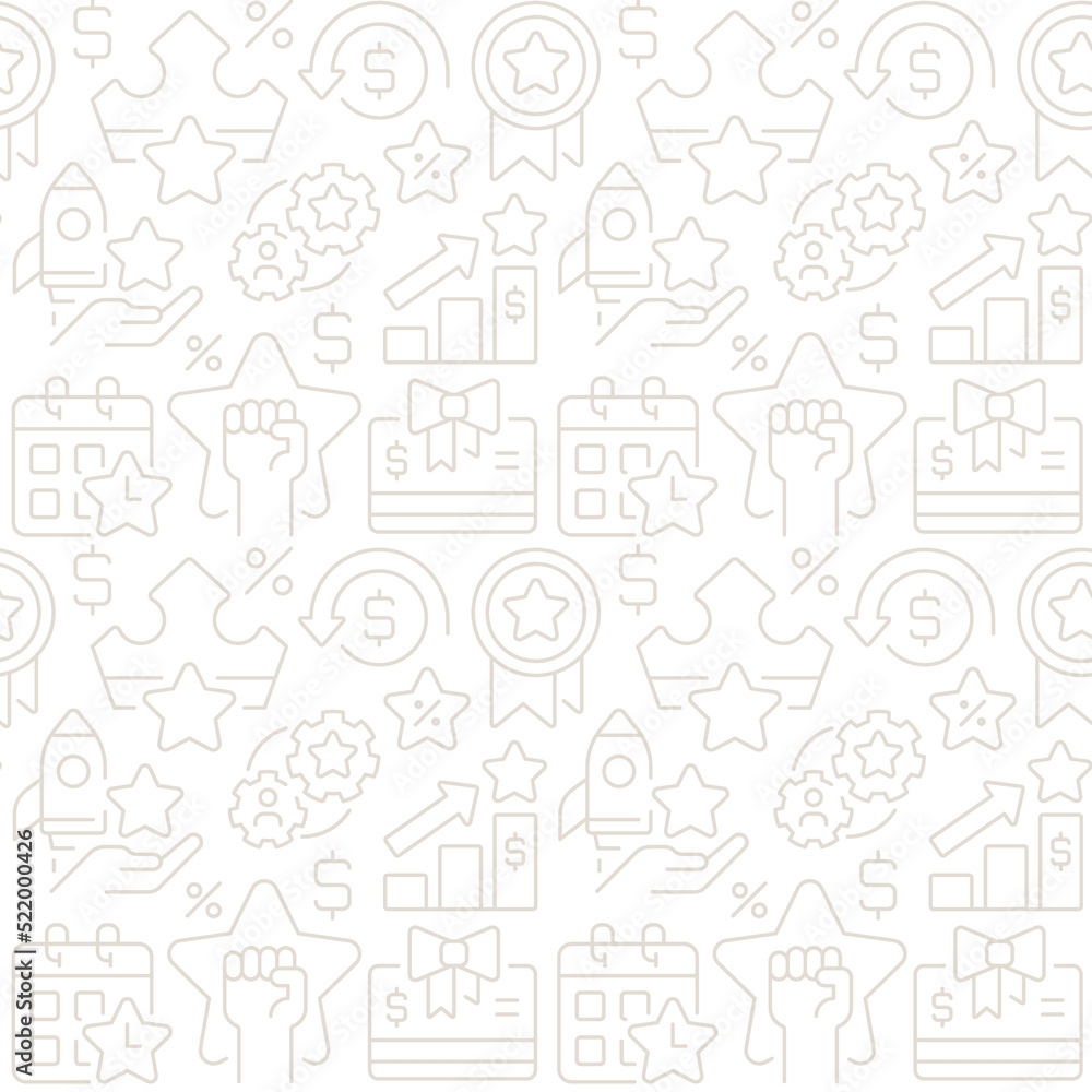 Business success abstract seamless pattern. Editable vector shapes on white background. Trendy texture with cartoon color icons. Design with graphic elements for interior, fabric, website decoration