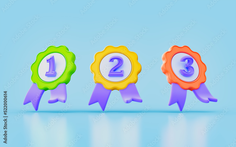 first second third badge medal with ribbon 3d render concept for ...