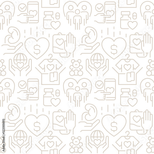Donations abstract seamless pattern. Editable vector shapes on white background. Trendy texture with cartoon color icons. Design with graphic elements for interior, fabric, website decoration