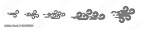 A set of vector icons of blowing wind and sea waves. A symbol of windy weather. Editable stroke