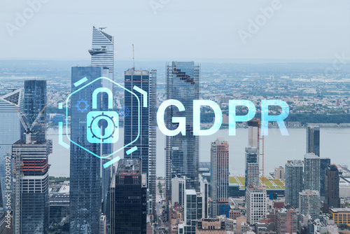 Aerial panoramic city view of West Side Manhattan and Hudson Yards district at day time, NYC, USA. GDPR hologram, concept of data protection regulation and privacy for all individuals