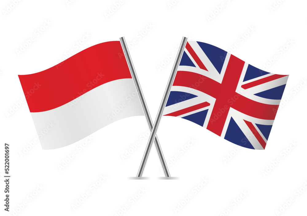 Indonesia and Britain crossed flags. Indonesian and British flags on white background. Vector icon set. Vector illustration.