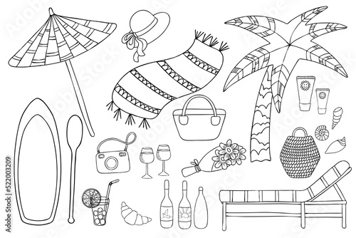 Vector summer vacation set. Outline illustrations with beach topic.