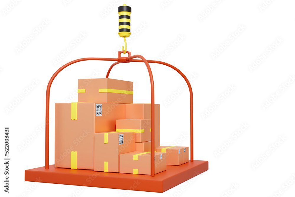 Platform with boxes in air. Business delivery. Parcels with yellow tape. Delivery boxes are hanging. Platform with parcels hangs on hook. Courier boxes isolated on white. Courier logistics. 3d image. Platform with boxes in air. Business delivery. Parcels with yellow tape. Delivery boxes are hanging. Platform with parcels hangs on hook. Courier boxes isolated on white. Courier logistics. 3d image.