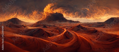 Canvas Print Post apocalyptic burning planet, barren desert dune landscape with inferno fire storms raging across at the horizon