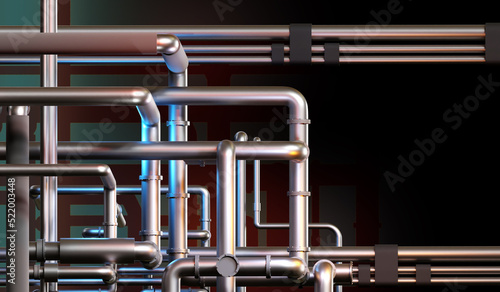 industrial pipes. Steel pipeline near intertwined. Pipeline inside dark factory. Concept pipe in chemical factory. Equipment for chemical production. Engineering pipes system factory. 3d rendering. © Grispb