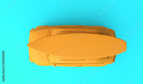 Fototapeta Naklejka Na Ścianę i Meble -  Overhead view of a car with a surfboard on the roof. Summer holiday background. 3D Rendering