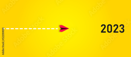 The red plane is flying towards 2023. business creativity new idea discovery innovation technology. new year idea concept.