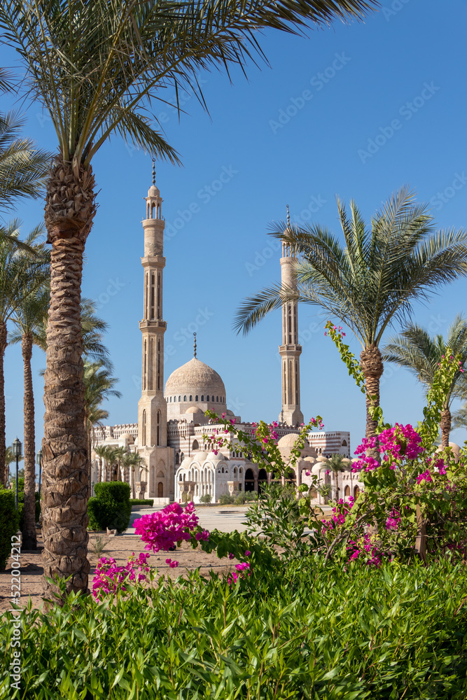 The beautiful Islamic Mustafa Mosque with a beautiful tropical garden in Sharm El Sheikh, Sinai Peninsula, Egypt.