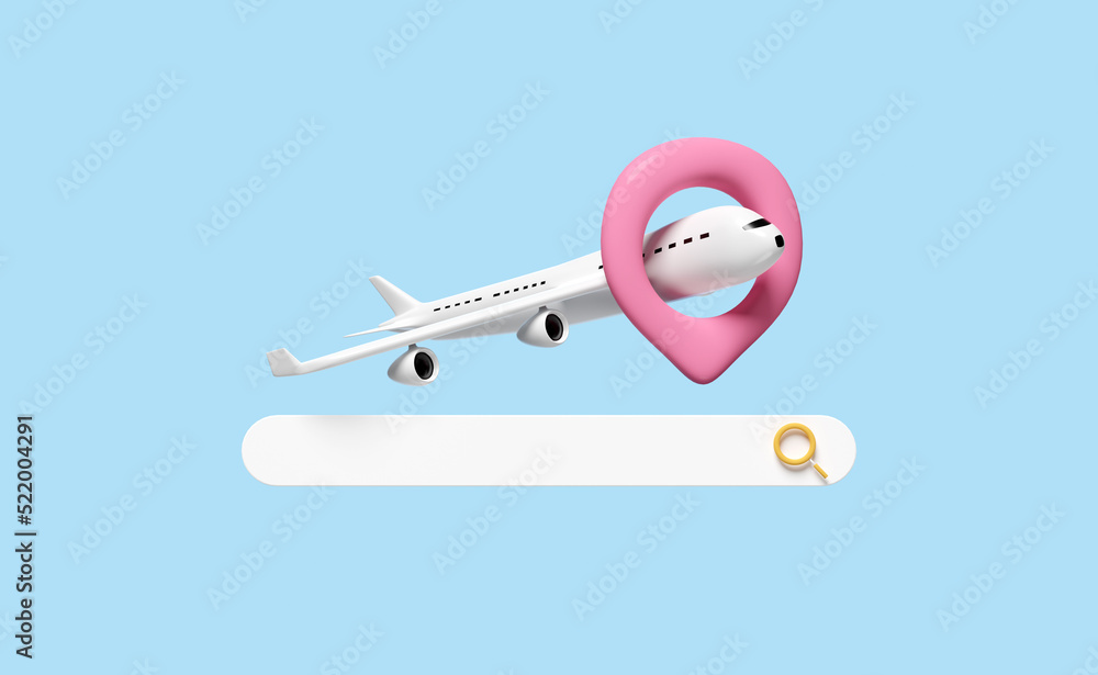 planning traveler tourism concept, 3d airplane with magnifying glass, pin, search bar blank, summer travel service isolated on blue background. 3d render illustration