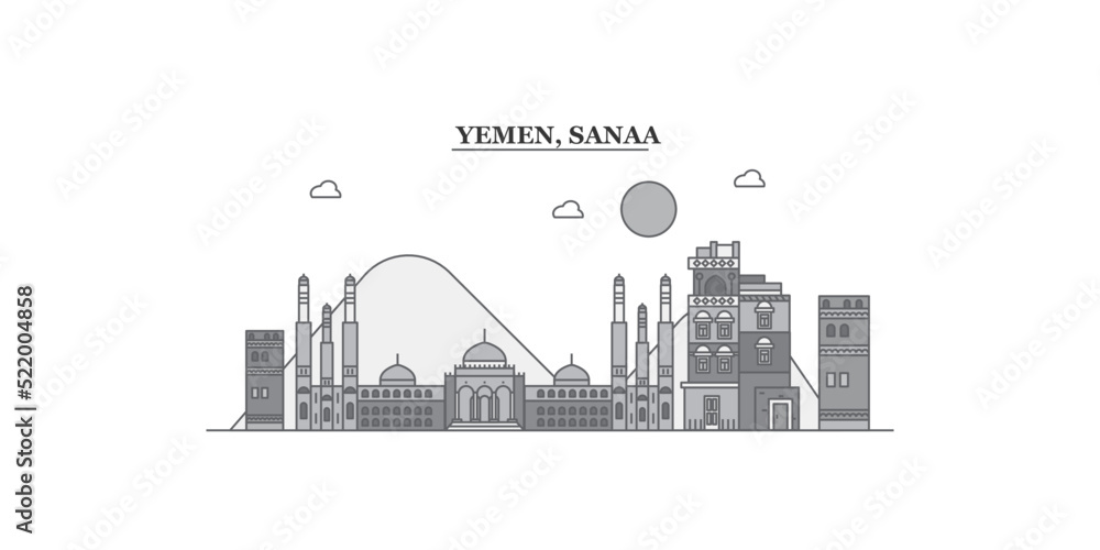 Yemen, Sanaa city skyline isolated vector illustration, icons