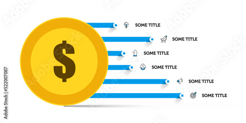 Infographic template. Coins with 6 charts and icons