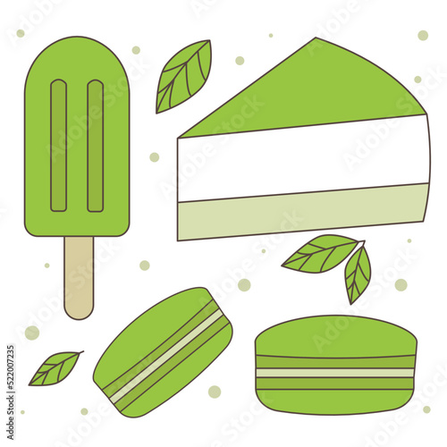 Set of different tasty matcha food vector flat illustration isolated on white background. Organic meal.