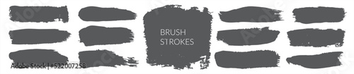 Smudge brush strokes vector paintbrush set, grunge streak templates for japanese calligraphy. Brushstroke design elements. Long text boxes. Dirty distress texture banners. Empty painted objects