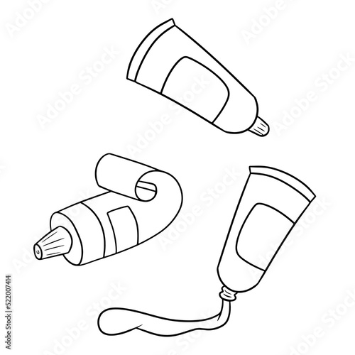 A set of monochrome pictures, different tubes of paints, toothpaste, hand and face cream. Vector
