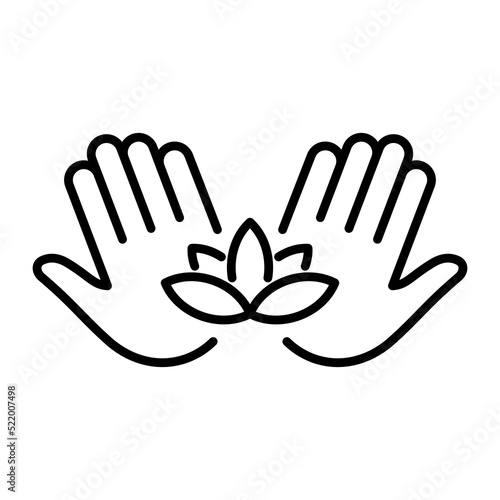 Hand Holding Lotus Yoga Line Icon. Palm and Flower Medical Care Beauty Acupuncture Linear Pictogram. Esoteric Meditation Outline Icon. Medical Massage. Editable Stroke. Isolated Vector Illustration