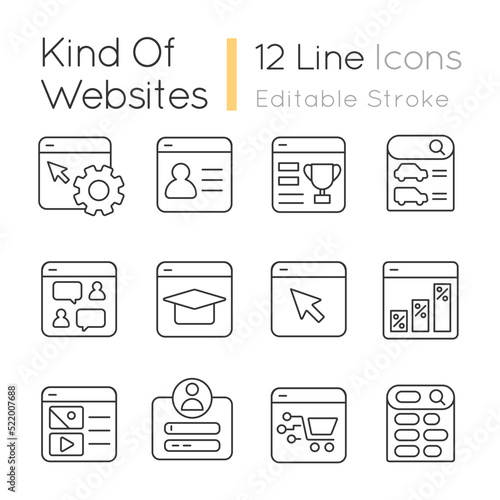 Kind of websites linear icons set. Content management system. Ecommerce, elearning. Customizable thin line symbols. Isolated vector outline illustrations. Editable stroke. Quicksand-Light font used