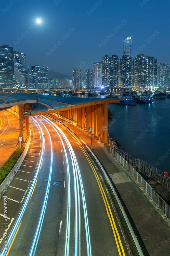 Skyline and highway in Hong Kong city at night