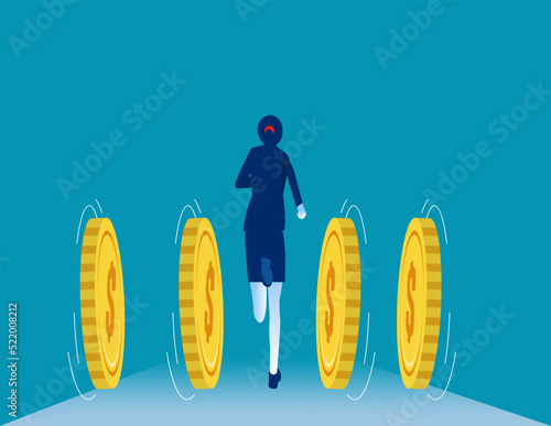 Businesswoman run forward with coins. Business investor vector concept