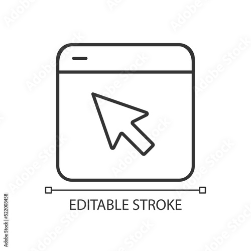 Mouse pointer on browser window linear icon. Call to action. Kind of website. Improve user experience. Thin line illustration. Contour symbol. Vector outline drawing. Editable stroke. Arial font used