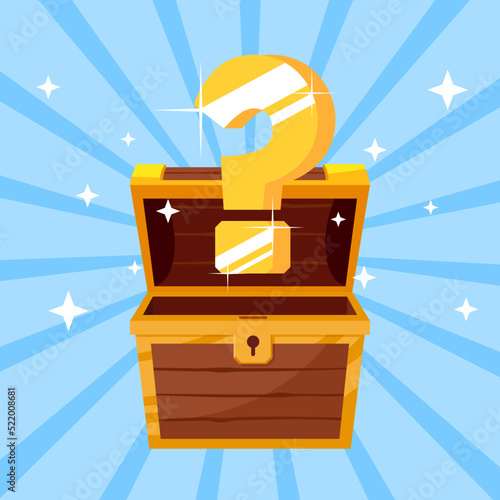 Open mystery wooden chest. Treasure on blue background. Random a secret loot box concept. Vector illustration cartoon flat design.