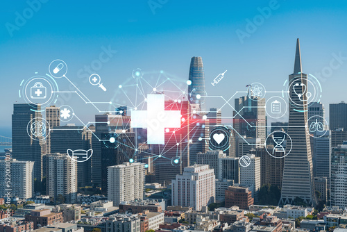 Photography San Francisco skyline from Coit Tower to Financial District and residential neighborhoods, California, US