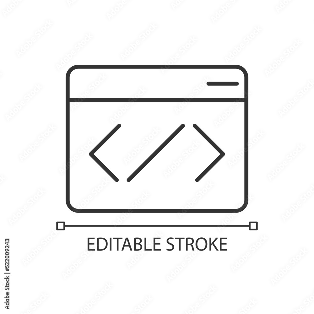 Website source code linear icon. Web development. Kind of website. Programming language. Content page. Thin line illustration. Contour symbol. Vector outline drawing. Editable stroke. Arial font used Website source code linear icon. Web development. Kind of website. Programming language. Content page. Thin line illustration. Contour symbol. Vector outline drawing. Editable stroke. Arial font used
