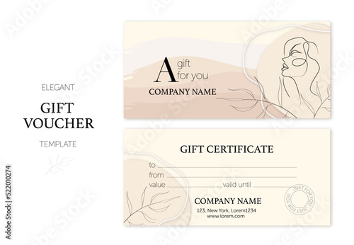Set of modern gift cards template. Modern style beige ivory vector illustration of flowers for saloon, gallery, spa, shop. Gift voucher coupon certificate
