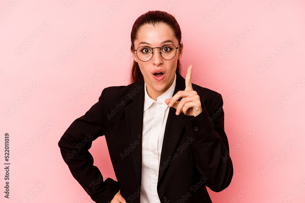 Young business caucasian woman isolated on pink background having an idea, inspiration concept. Young business caucasian woman isolated on pink background having an idea, inspiration concept.