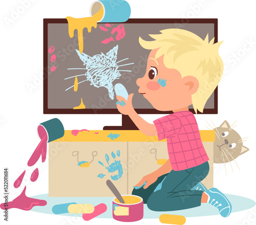 Kids destroy. Children bad behavior. Boy painting wall and drawing on blackboard with chalk. Paint spots or splash. Baby spoiling things. Home mess. Destructive game. Vector illustration