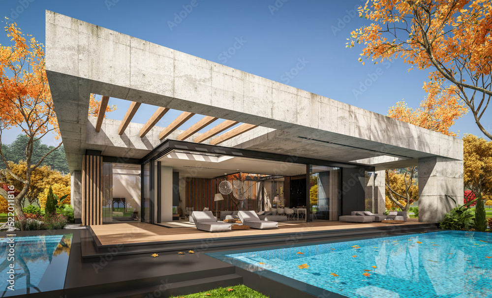 3d rendering of new concrete house in modern style with pool and parking for sale or rent and beautiful landscaping on background. The house has only one floor Clear sunny autumn day with golden leavs