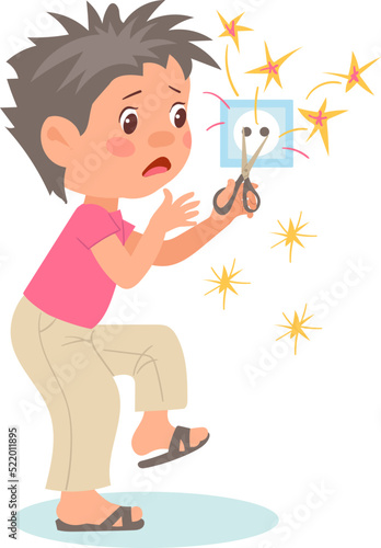 Kids destroy. Children bad behavior. Boy playing with electricity socket and scissors. Fidgets destructive action. Dangerous game. Baby breaking electrical adaptor. Vector illustration