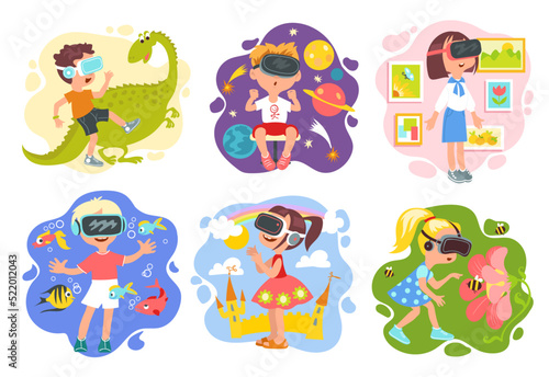 Kids virtual reality. Cute boys and girls use augmented VR glasses. Childish game and training. Children with gaming cyber simulation headset. Digital generation. Splendid vector set