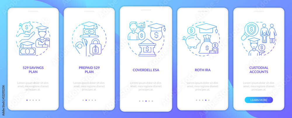 Account types for college savings blue gradient onboarding mobile app screen. Walkthrough 5 steps graphic instructions with linear concepts. UI, UX, GUI template. Myriad Pro-Bold, Regular fonts used