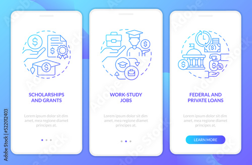 Financial aid blue gradient onboarding mobile app screen. Student support walkthrough 3 steps graphic instructions with linear concepts. UI, UX, GUI template. Myriad Pro-Bold, Regular fonts used