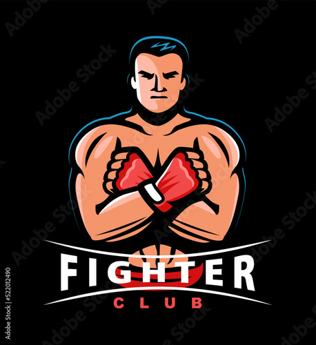 Fighter boxer with gloved fists. Fight club, boxing, kickboxing, strength sport emblem or logo. Vector illustration