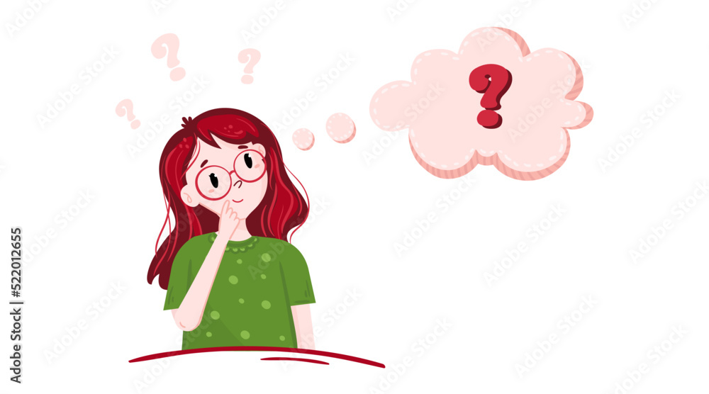 Thinking girl look on question mark. Curious young woman has doubt. Cute Child with confuse face looks on speech bubble. Person is brainstorming. Thinking girl look on question mark. Curious young woman has doubt. Cute Child with confuse face looks on speech bubble. Person is brainstorming.
