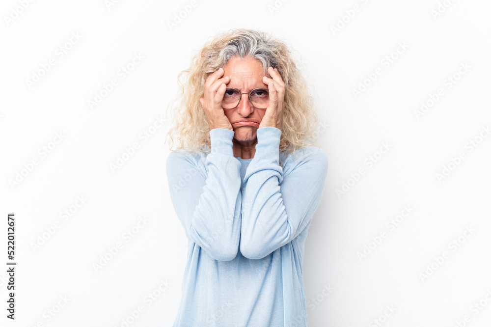 Middle age caucasian woman isolated on white background whining and crying disconsolately. Middle age caucasian woman isolated on white background whining and crying disconsolately.