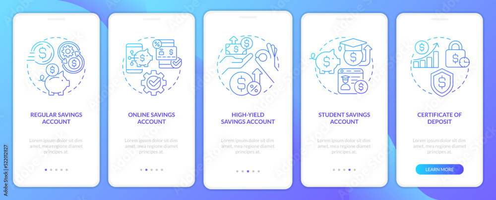 Types of saving accounts blue gradient onboarding mobile app screen. Banking walkthrough 5 steps graphic instructions with linear concepts. UI, UX, GUI template. Myriad Pro-Bold, Regular fonts used