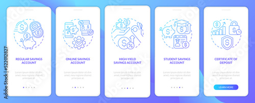 Types of saving accounts blue gradient onboarding mobile app screen. Banking walkthrough 5 steps graphic instructions with linear concepts. UI, UX, GUI template. Myriad Pro-Bold, Regular fonts used