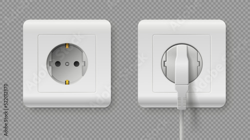 Outlet with power cord. Realistic 3D electric plug in white plastic grounded square socket. Electrical cable and energy connector. Electricity charger. Vector interior wall elements set