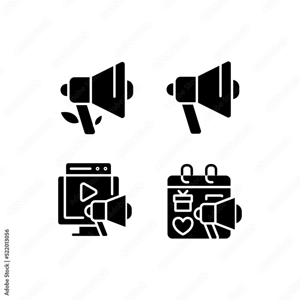Effective advertising strategies black glyph icons set on white space. Unpaid marketing. Video content. Seasonal sales promotion. Silhouette symbols. Solid pictogram pack. Vector isolated illustration Effective advertising strategies black glyph icons set on white space. Unpaid marketing. Video content. Seasonal sales promotion. Silhouette symbols. Solid pictogram pack. Vector isolated illustration